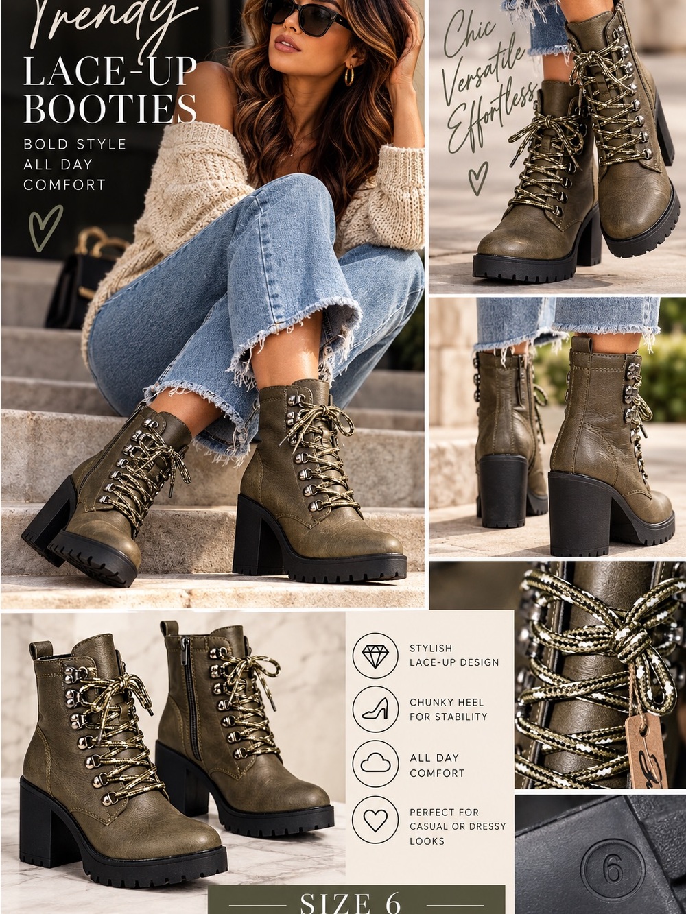 Seven7 Women’s Lace-Up Chunky Heel Booties in Olive